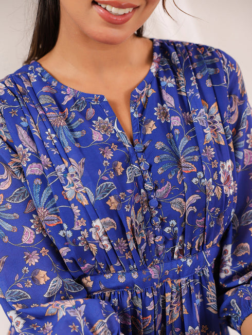 Janasya Women's Blue Georgette Floral Printed A line Dress
